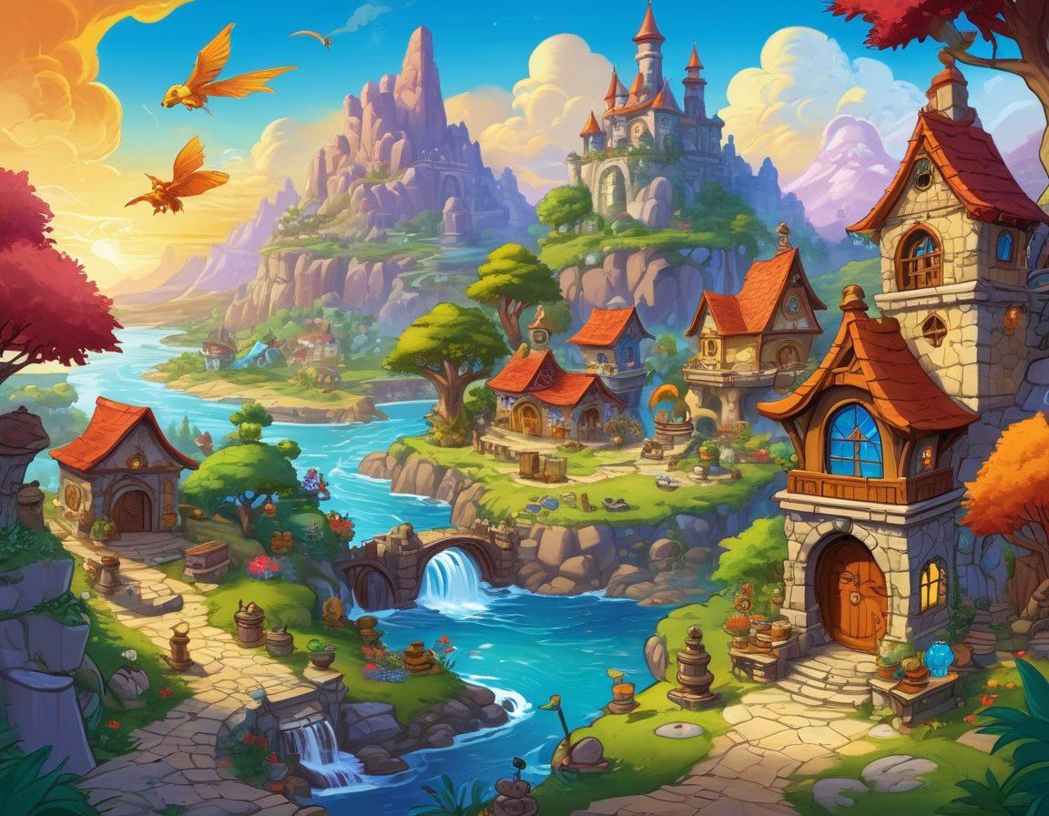 A vibrant, whimsical scene of a Neopets world filled with various Neopets characters engaging in different activities, like exploring, trading, and battling. Include items from toolkits, like maps, potions, and treasure chests, scattered around. The background should feature magical landscapes, with a mix of medieval and fantasy elements. Make the colors bright and playful. vector art. vibrant colors.