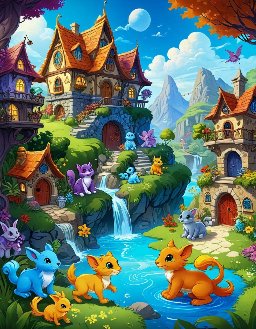 A lively Neopets community scene with diverse characters exchanging tips and playing games in a vibrant, magical world. Include colorful pet creatures, fantasy pets, and playful elements like pet houses and fairy-tale landscapes. Incorporate highlighted text bubbles to represent sharing advice. super-realistic. vibrant colors. fantasy style.