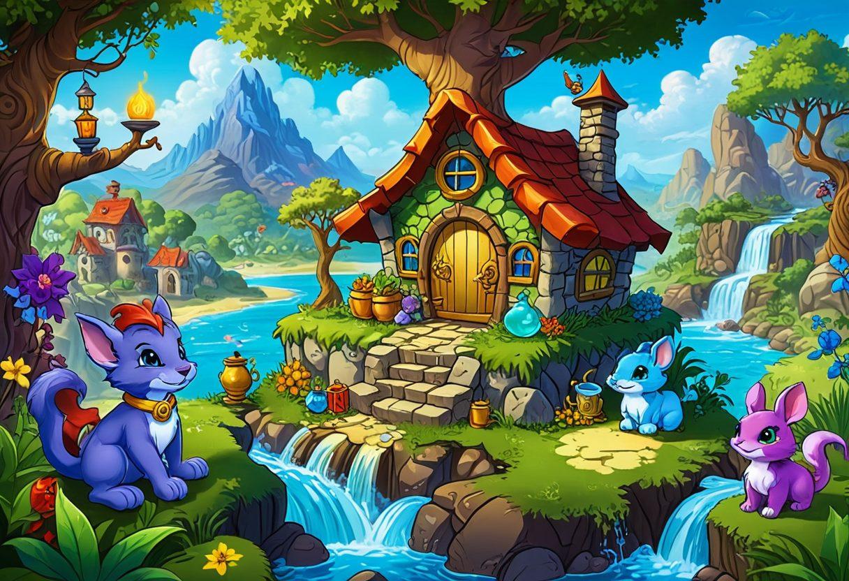 A colorful, fantastical scene featuring a variety of adorable Neopets engaging in activities like playing games, cooking, and exploring magical lands. Vibrant Neopian landscapes with whimsical buildings, mystical items, and cheerful characters. Include elements like treasure chests, potions, and Neopoints. A cheerful guide character holding a map, leading the way. super-realistic. vibrant colors. fantasy style.